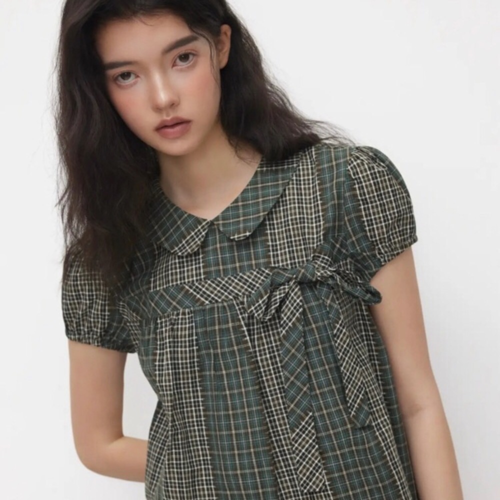 Cider Green Plaid Peter Pan Collar Blouse